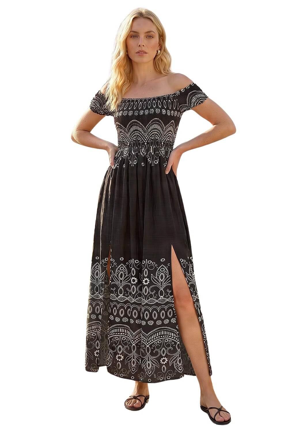 Roman Originals Women's Noir Bardot Dress For Uk Shirred Chest Off Shoulder Cold Shoulder Maxi Midi Summer Beach Holiday Sleeveless Garden Cocktail Party Elasticated
