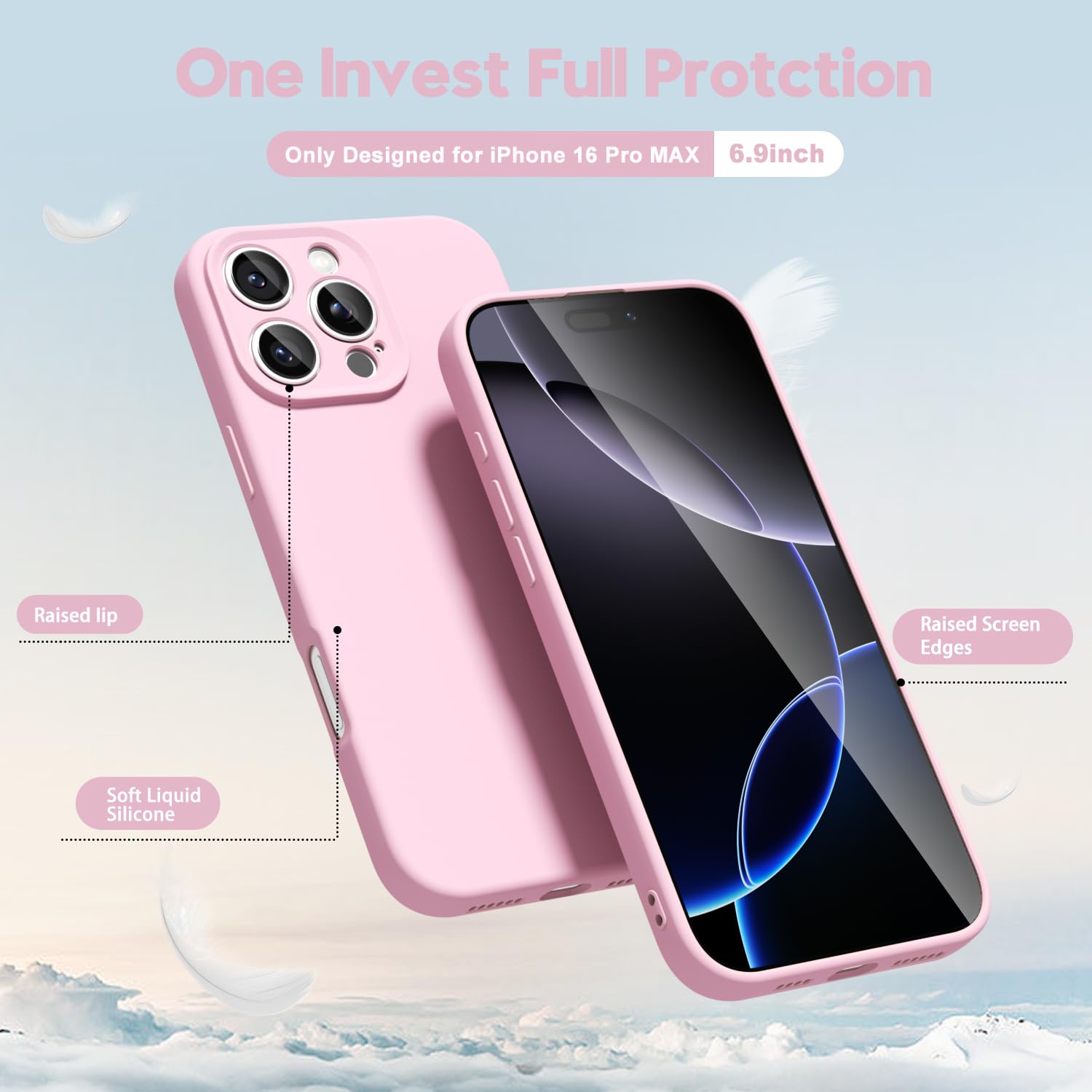 oakxco for iPhone 16 Pro Max Case Liquid Silicone, Soft Rubber Gel Elegant Aesthetic Basic Simple Cover, Cute Thin Slim TPU Matte Solid Color Plain Smooth Case for Women Girl, Light Pink — view 3