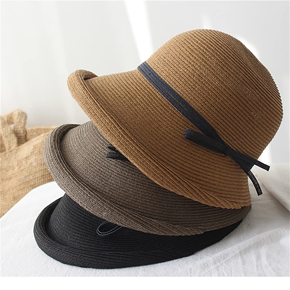 Gorros de Paja para Mujer Sombrero de Sol de Verano Plegable Tejido Cuerda de Viento Cubo de ala Ancha Sombrero de Pescador Sombrero de Playa (Color : B, Tamaño : Mcode) (E Mcode)