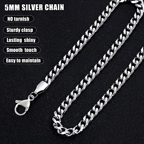 Fiusem Silver Tone Cuban Link Chain For Men, 5Mm Mens Chain Necklaces, Stainless Steel Chain Necklaces For Men Women And Boys, 20 Inch #TOP4