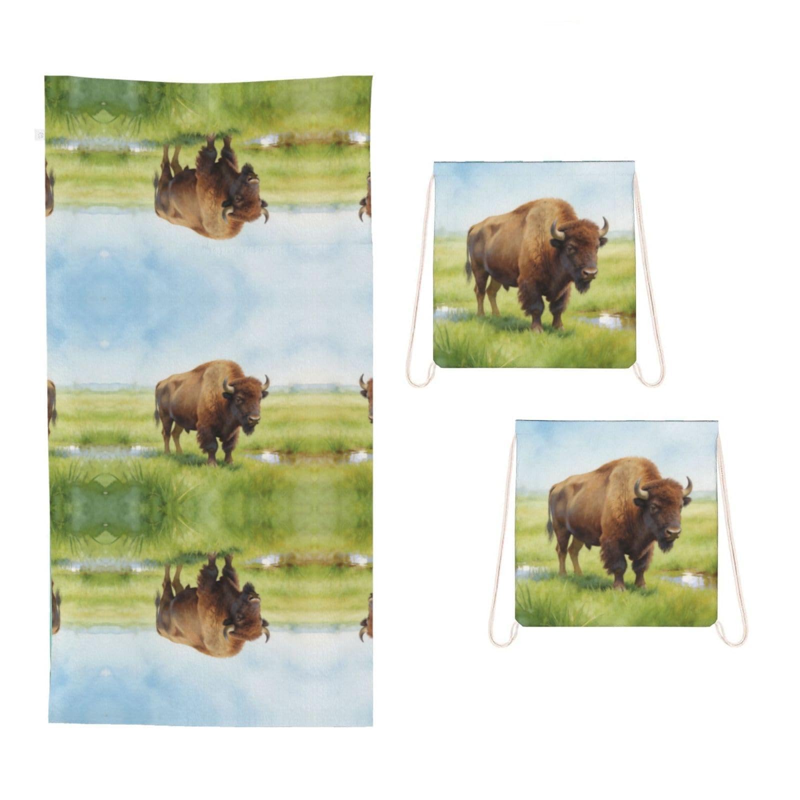 CNTDBU Watercolor Bison Prairie 2 in 1 Packable Towel Bag-Large Beach Towel with Stuff Sack, Super Absorbent Microfiber Travel Towel for Pool