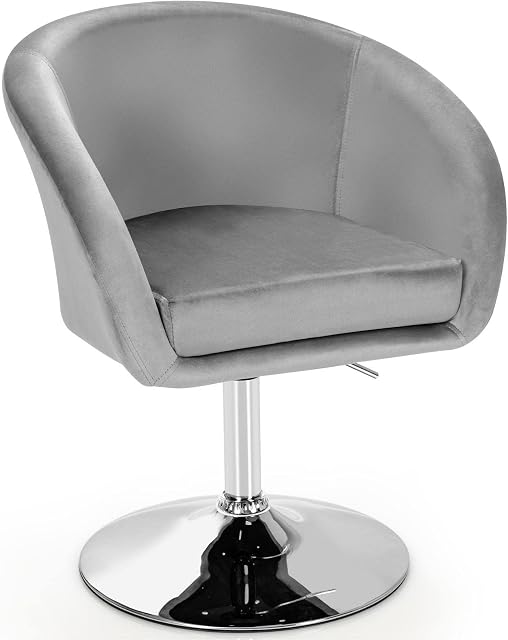 TANGZON 360° Swivel Velvet Accent Chair, Height Adjustable Occasional Tub Chair with Soft Thickened Cushion & Metal Round Base, Modern Dining Chair for Living Room, Kitchen, Office and Bar (Grey)