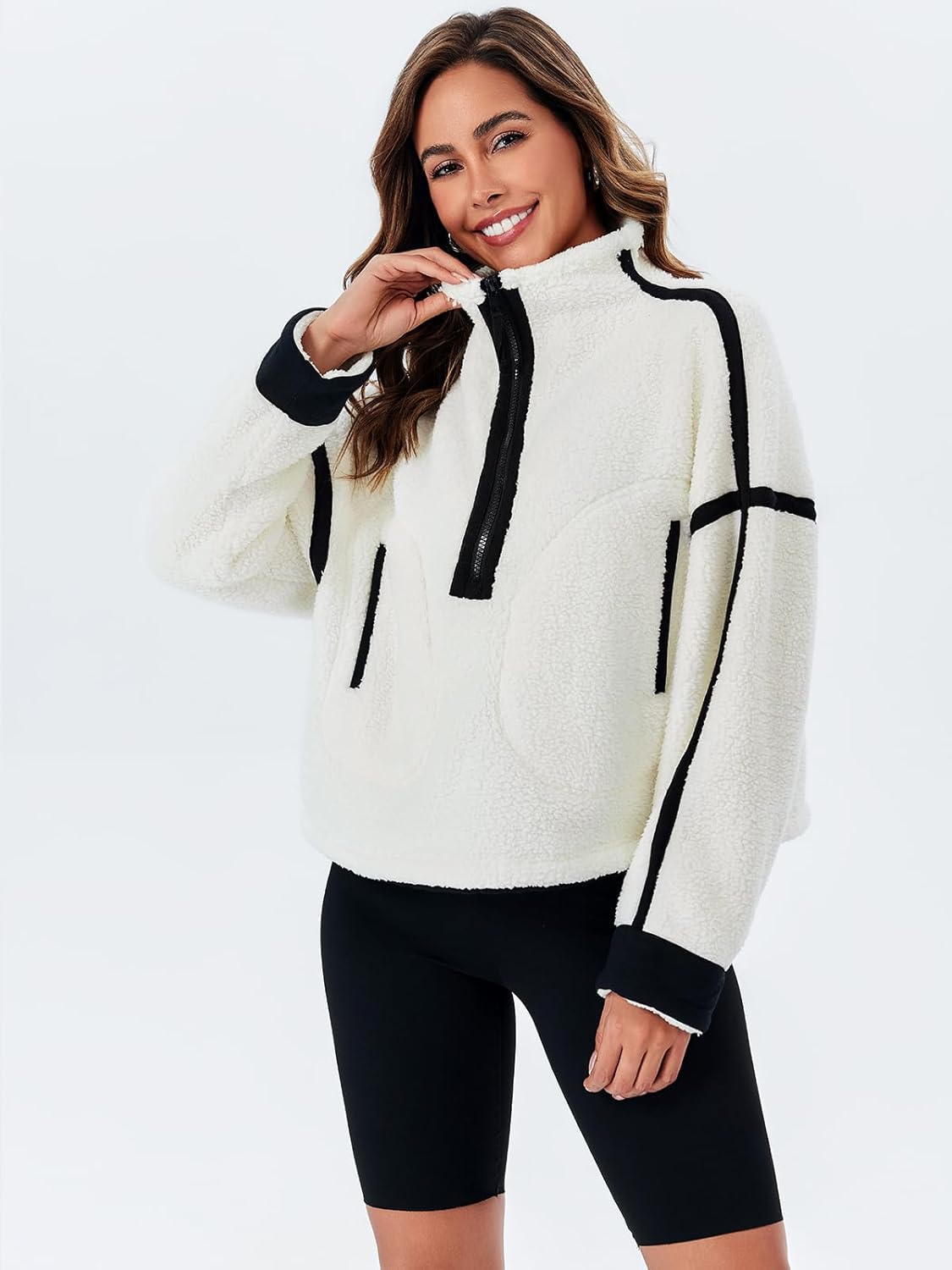 Women Sherpa Fleece Jacket Half Zip Oversized Cropped Sweatshirt Long Sleeve Pullover 2025 Winter Outfits with Pockets - Image 6