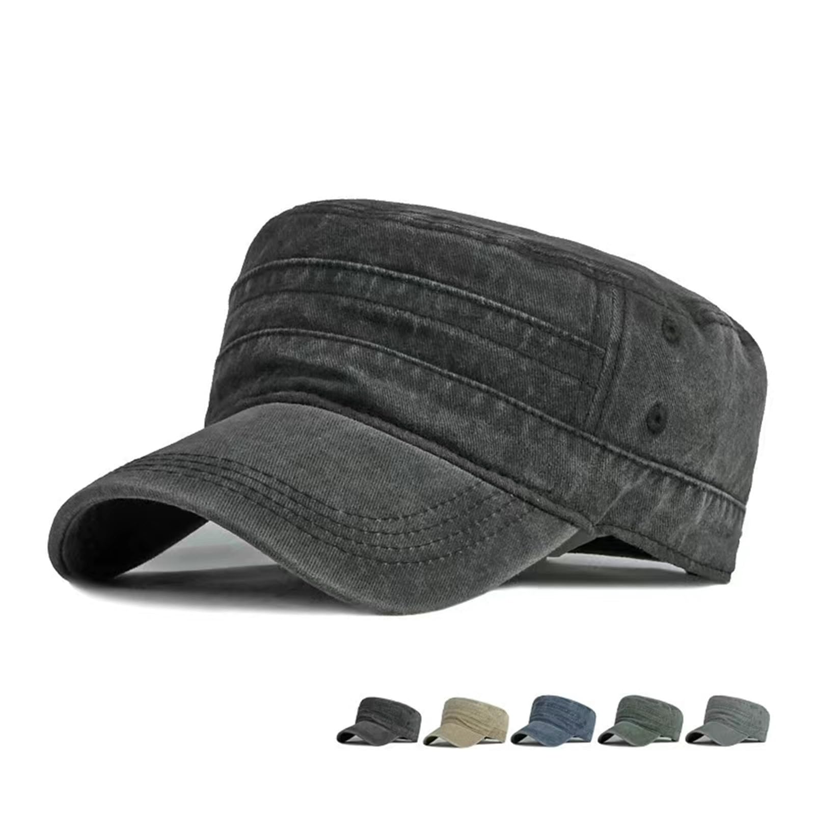 Men's Army Cap Cotton Cadet Hat Military Flat Top Trucker Dad Hat Classic Adjustable Baseball Cap Breathable Outdoor Sports Black