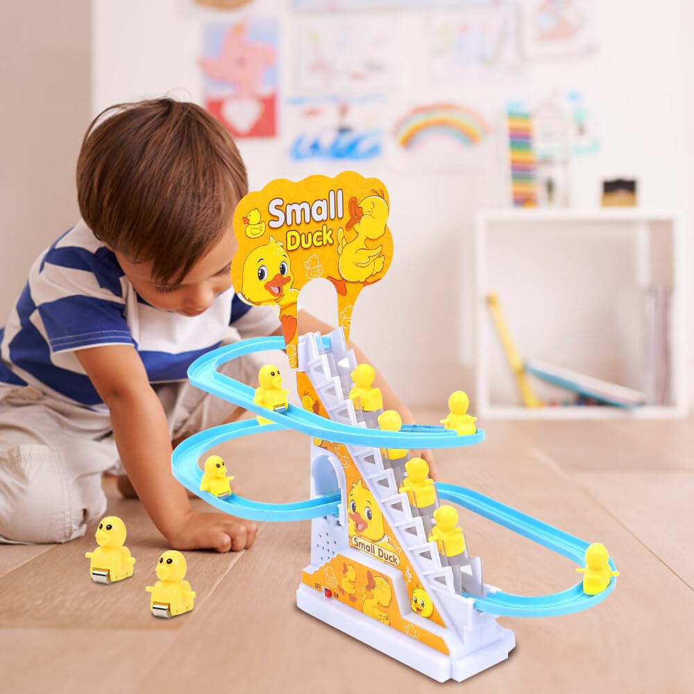 Funvalley Surperfekte Petit Canard, Escalier D'escalade Et Montagnes Russes Ensemble De Jouets Avec Lumières LED Clignotantes Et Musique, Ensemble Toboggan Et Circuit Pour Enfants