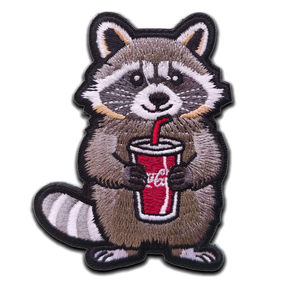 Cute Raccoon Drinking Soda Embroidered Patch Funny Cartoon Animal Patch