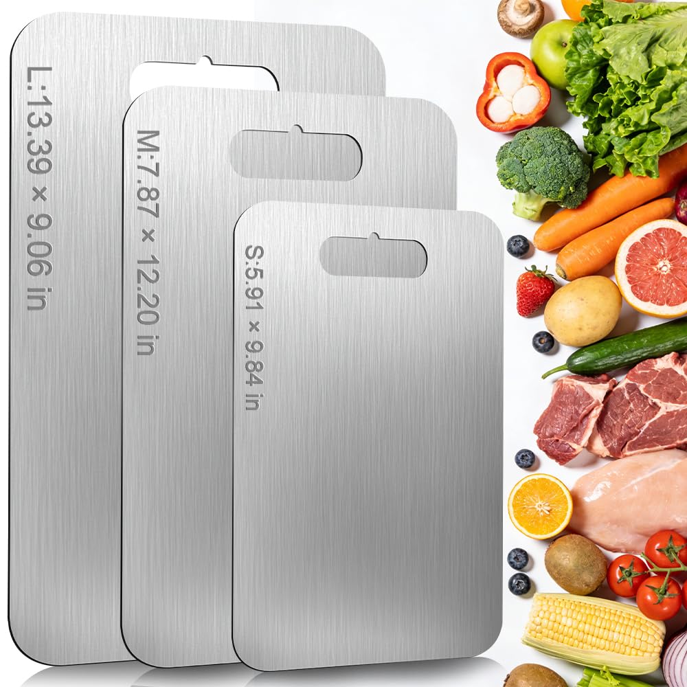 stainless steel cutting board - 3 pcs titanium cutting boards for kitchen, double-sided food-grade metal board for meat, vegetables and fruits, kitchen essentials & dishwasher safe, m+l+xl