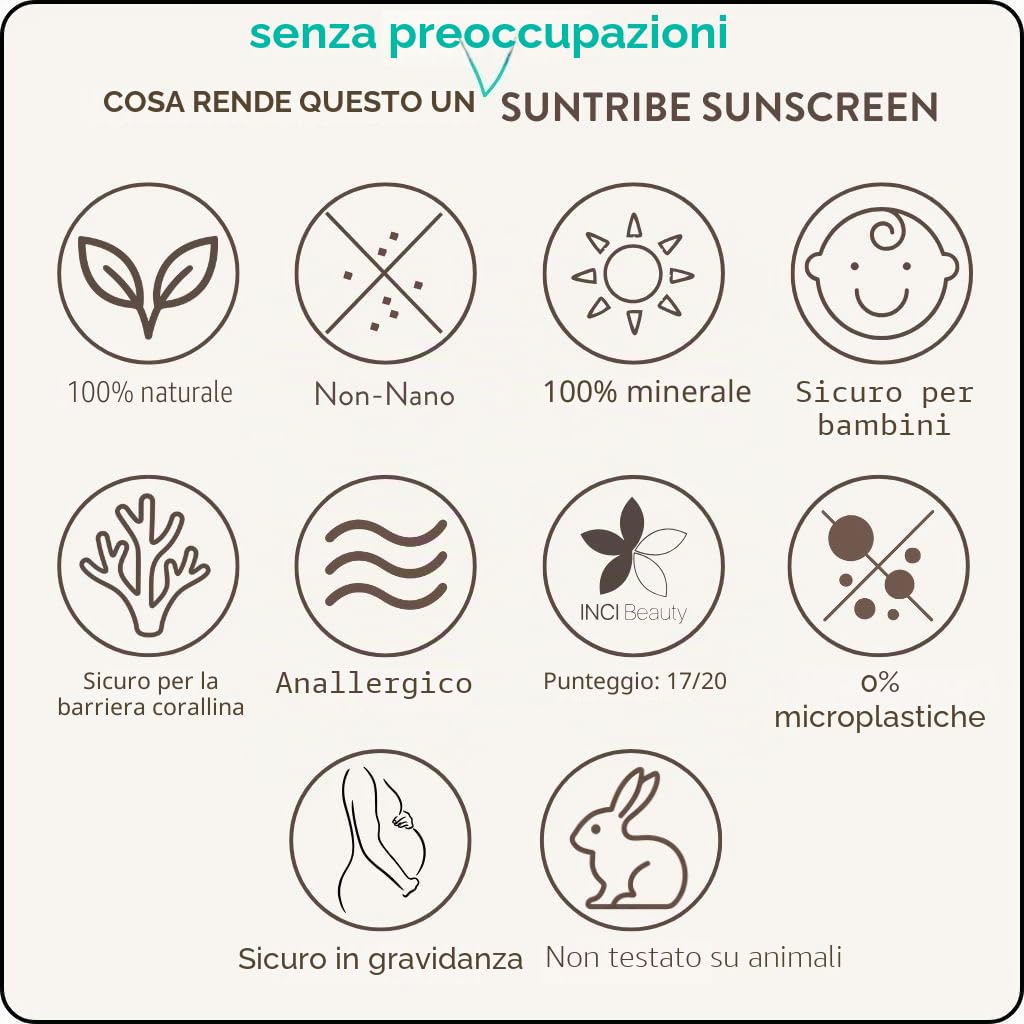 Crema Solare Naturale Minerale FPS 30 Suntribe - 100 ml, Tinta, Biologica - 100% Naturale & Sicura per i Coralli, Non-Nano Ossido di Zinco, Resistente all'Acqua - Vincitore Beauty Shortlist Awards