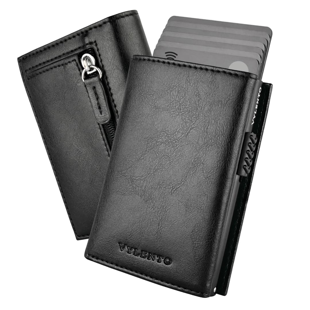 Premium Smart Wallet mit Münzfach - Geldbörse mit RFID Schutz für 12 Karten - Slim Wallet Herren und Damen - Kartenetui - Kleine Portemonnaie - Expedition Schwarz