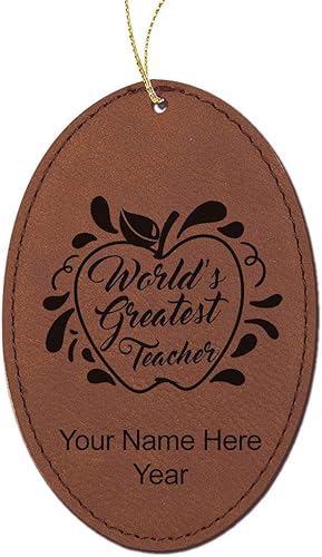LaserGram Personalized Christmas Ornament, World's Greatest Teacher, Faux Leather, Custom Laser Engraved Gift Idea (Oval Shape, Dark Brown)