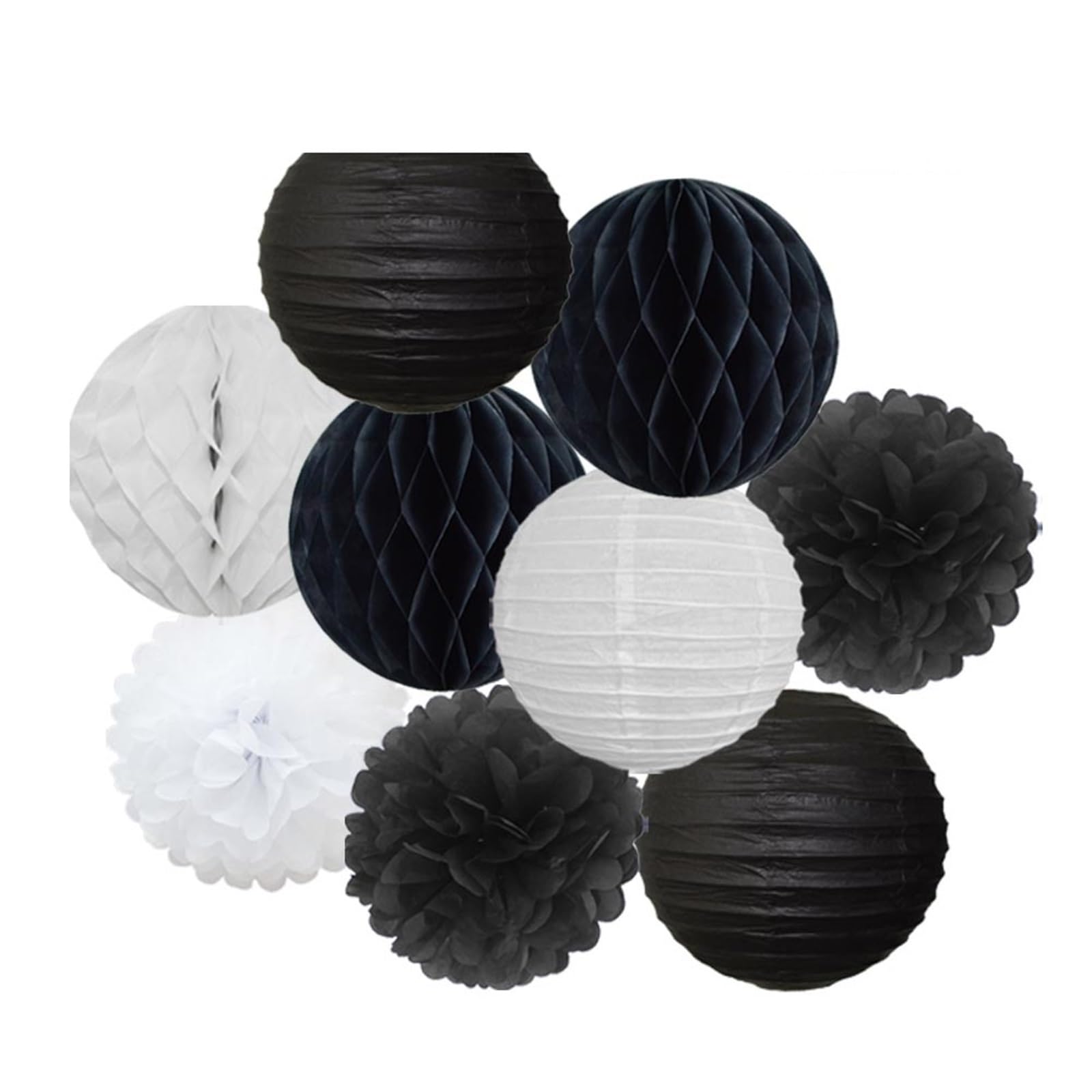 Paper Pom Poms Wedding Party Favor Hanging Round Paper Lantern 6" 8" 10" 12" Baptism Birthday Holiday Decor(Black White,8inch(20cm))