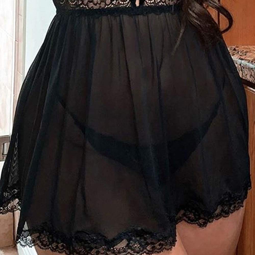 Camisón de Malla Transparente con Tanga de Encaje Calado, camisón sin Mangas, Ropa de Dormir Transparente (Negro L) S