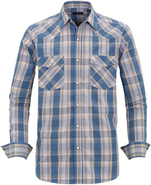 Men’s Western Cowboy Shirts-Long Sleeve Snap Button Plaid Shirt, Regular Fit Cotton Casual Shirt