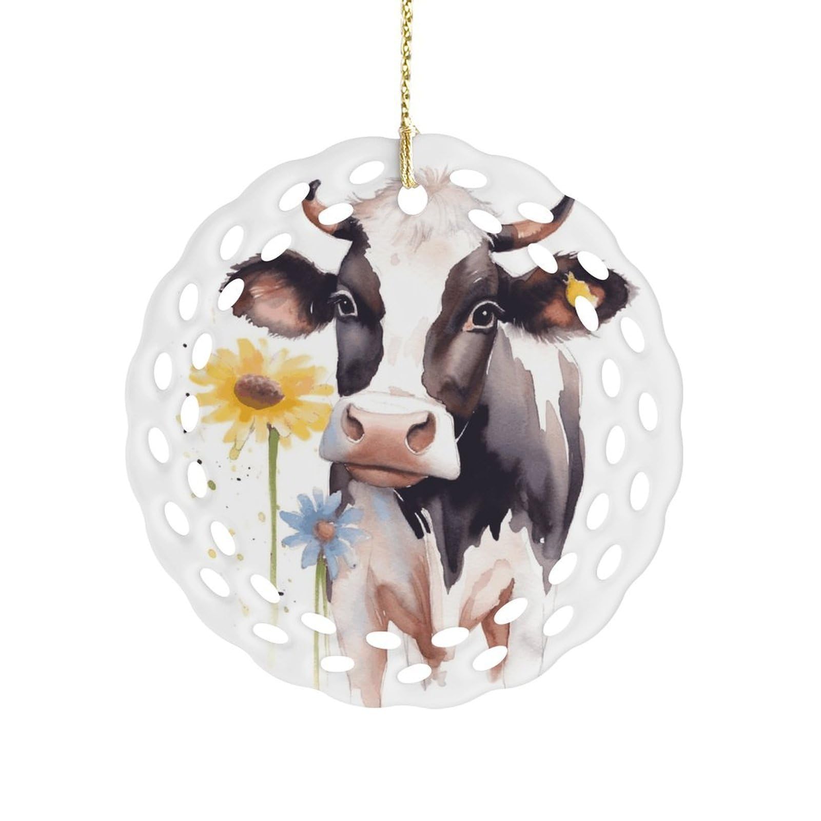 Watercolor Cow and Daisy Flower Christmas Ornament Holiday Hanging Decoration Xmas Tree Keepsake Personalized Xmas Tree Ornament Round Ceramic Ornaments for Keepsake Gifts Ideas Home Decor