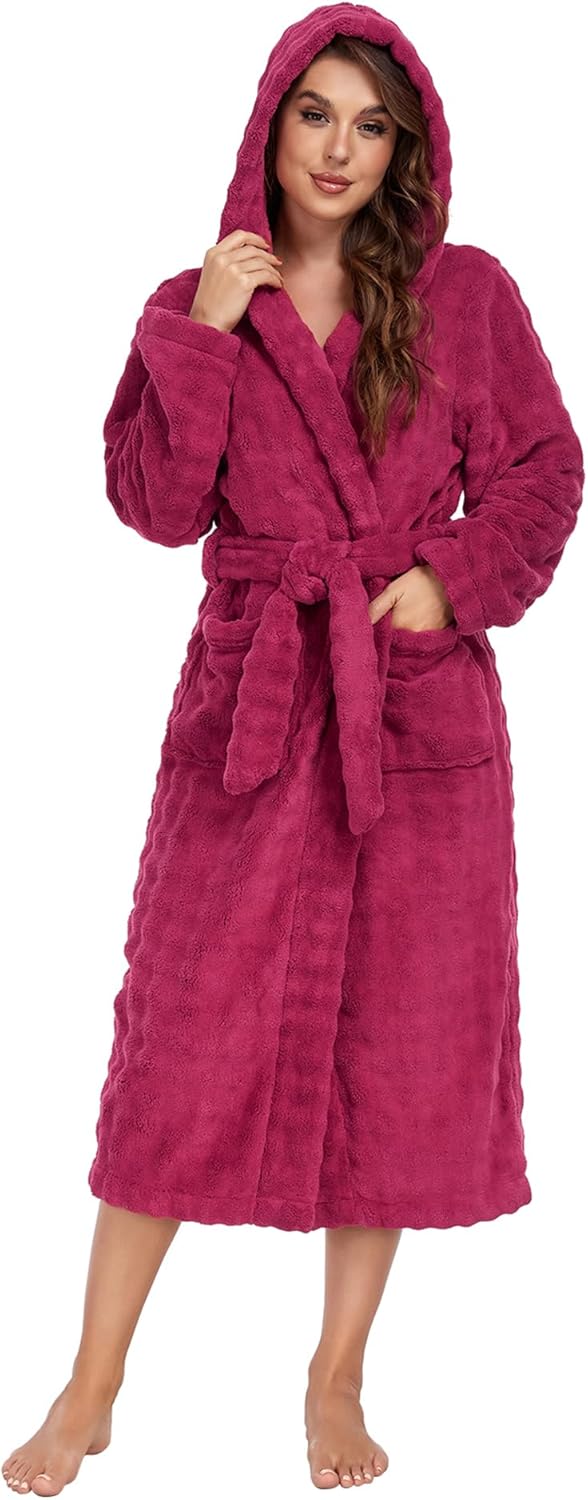 RONGTAI Luxury Plush Absorbency Robe for Women Extra Long Fleece Bathrobe with Hood & Pockets | Warm Terry Cloth Loungewear