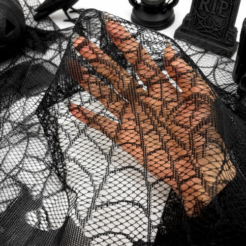 Image of Black Lace Cobweb Halloween Fireplace Mantel Scarf Cover Decor, 18x96 in
