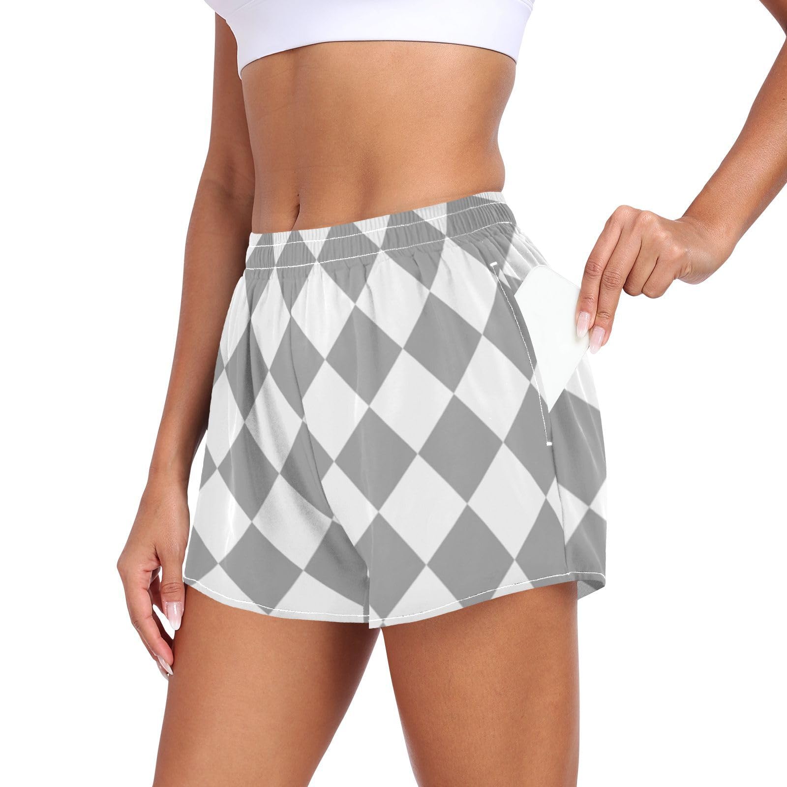 EtherSpher Buffalo Plaid Check Gray White Womens Athletic Shorts Elastic Waisted Lady Biker Shorts for Running Lounging Fishing Hiking ropa para correr Mujer L