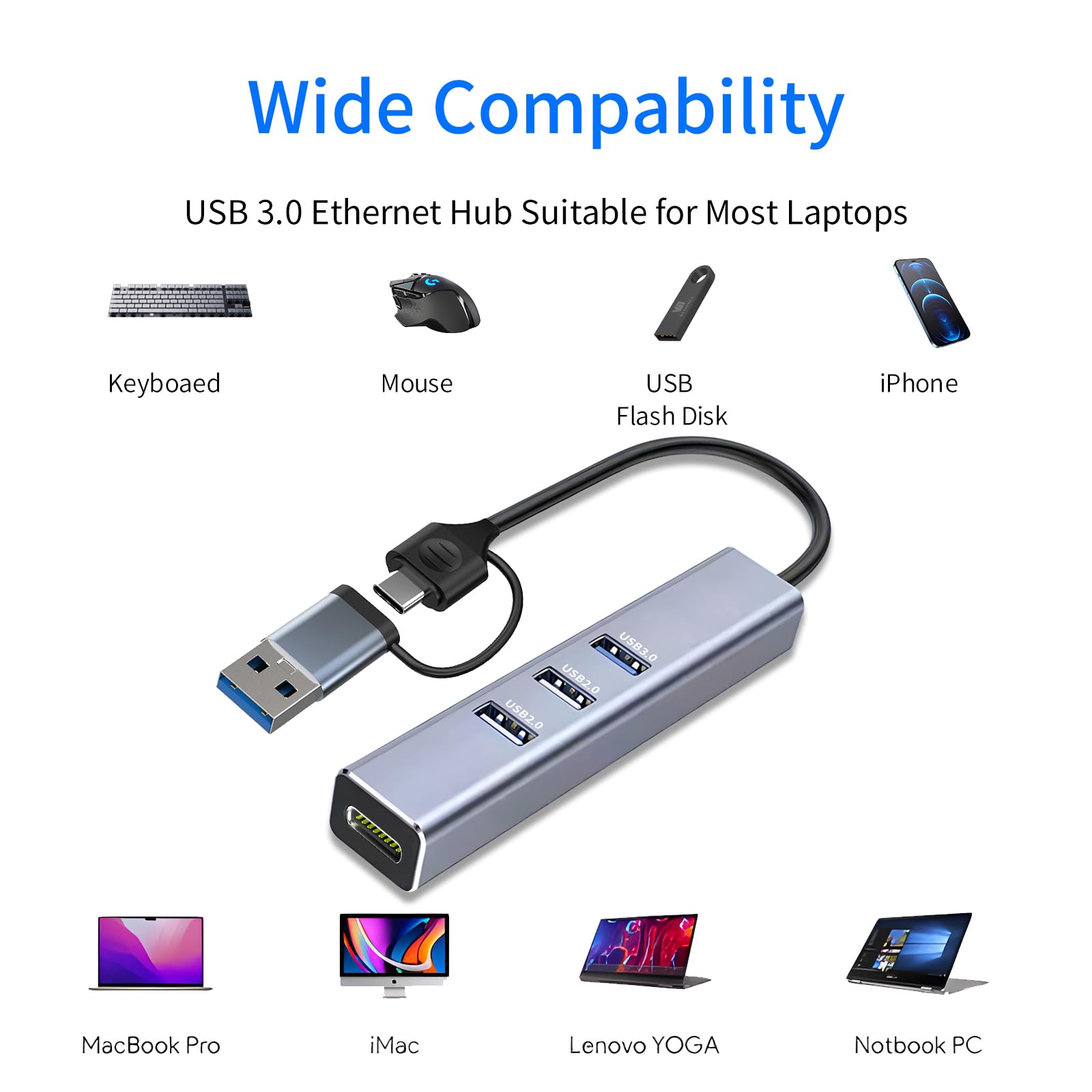 BFBHF USB-C to Ethernet Adapter, USB A & USB C Hub with RJ45 10/100 Ethernet Adapter(2X USB2.0 and 2xUSB3.0) Aluminum Network Ethernet Adapter- R12 AC, Silver