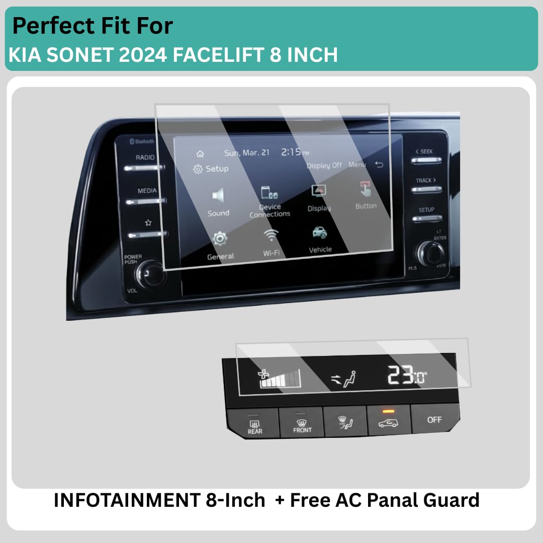 Wisely 2Pcs - Premium Screen Guard for KIA SONET (2024-2026+) HTK / HTK+ / HTX Car - 8 Inch Display Infotainment System & AC Panel Protector - Stereo Accessories - Touch Responsive - HD Clear, Easy Installation — Amazon image 3
