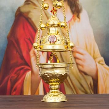 Zinc Alloy Electroplated Orthodox Incense Burner - Decorative Hanging Church Ceremony Ornament with Bells and Religious Symbols (Picture)
