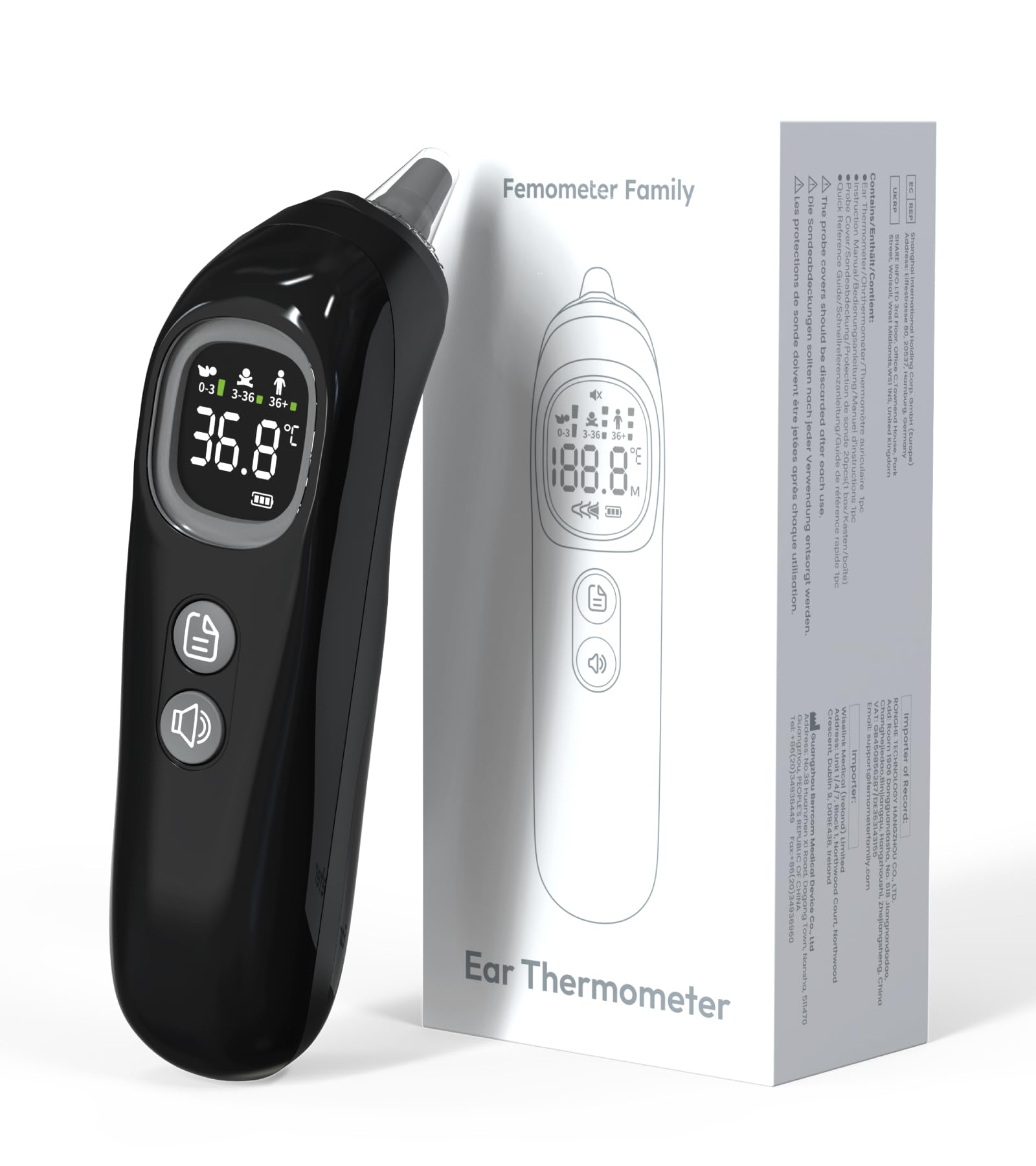 Thermomètre Auriculaire Haute Précision - Mesure en 1 Seconde - Guidage Intelligent par Tranche d'Âge - Mode Silencieux - Thermomètre Numérique pour Enfants et Adultes - 20 Embouts Jetables Inclus