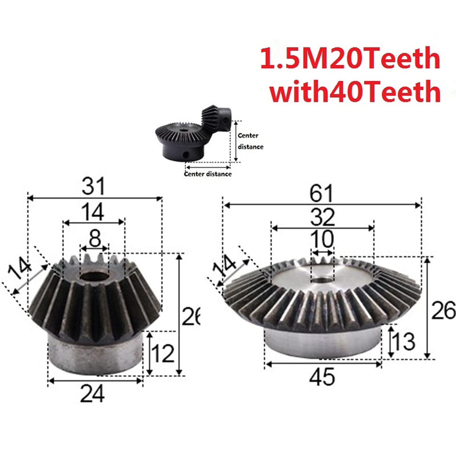 Drehzahlverhältnis 1: 2 Kegelrad 1.5 Modulus 20 Zähne Loch 8mm und 40 Zähne Loch 10mm 90 Grad Antrieb Vermittlungs- Stahl Gang