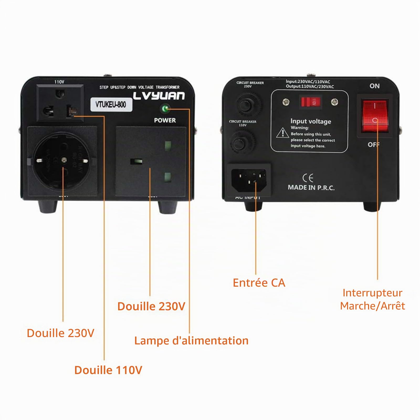Cantonape Convertisseur de tension 800 VA 220 V/110 V - Transformateur élévateur/réducteur de tension 800 W USA, sortie 110/120 Volt 220/230 Volt AC