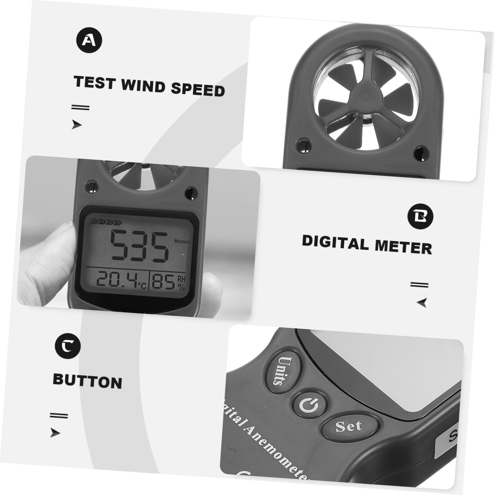 Zerodeko 1pezzi Igrometro Digitale Misuratore Di Velocità Del Vento Con Display Anemometro Portatile Per Misurare Pressione Aria Temperatura e Umidità