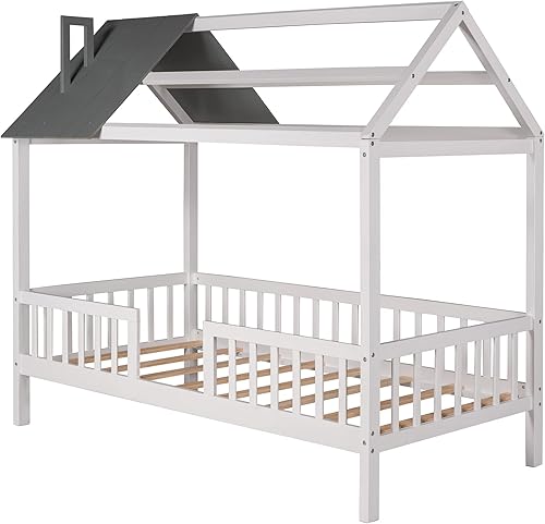 Miniatura 6 de MERITLINE Cama Montessori para niños, cama individual tipo casa de juegos, plataforma de madera maciza con valla y techo para niños, adolescentes y