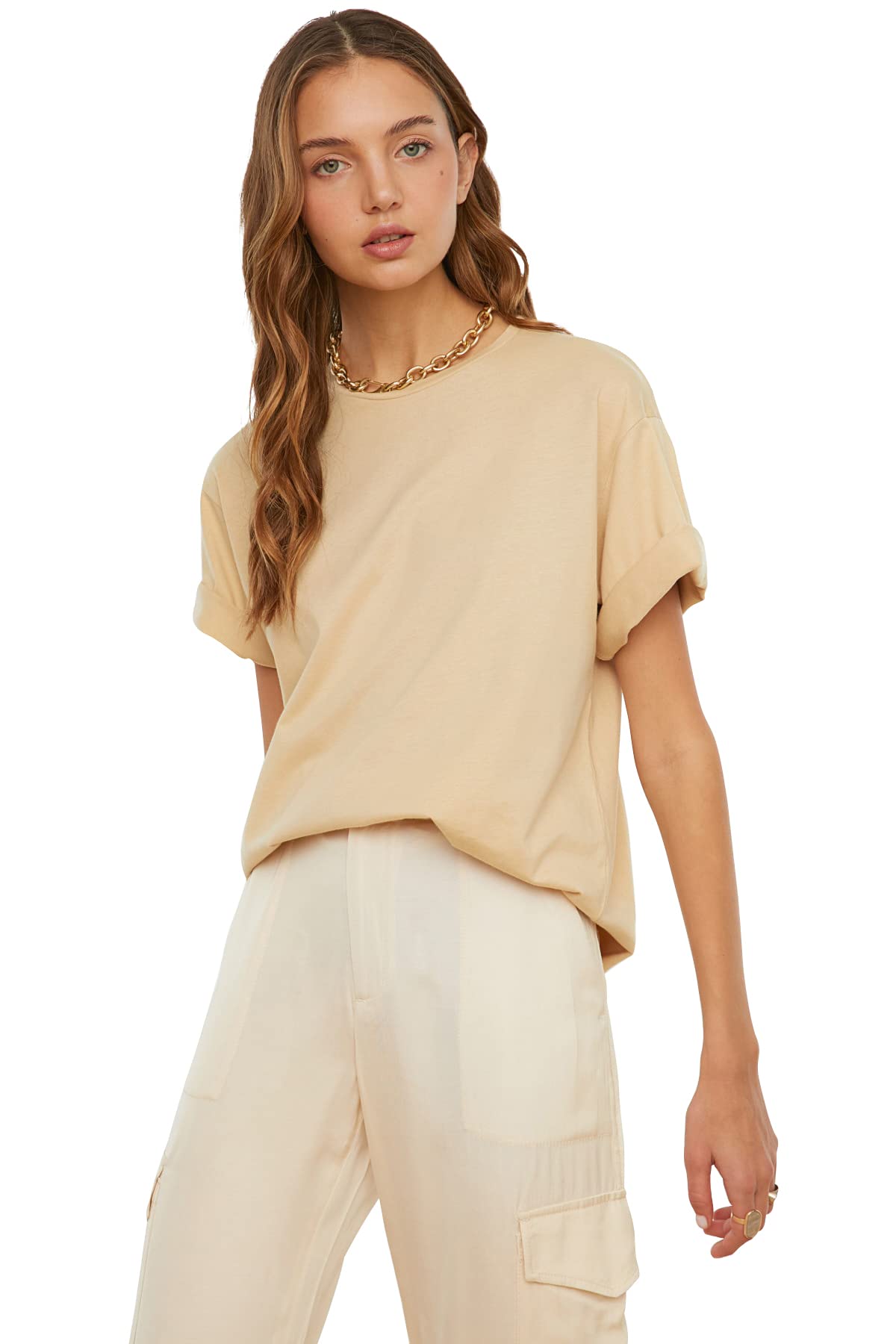 Trendyol FeMan Basics Boyfriend Basic Crew Neck Knit T-Shirt Beige