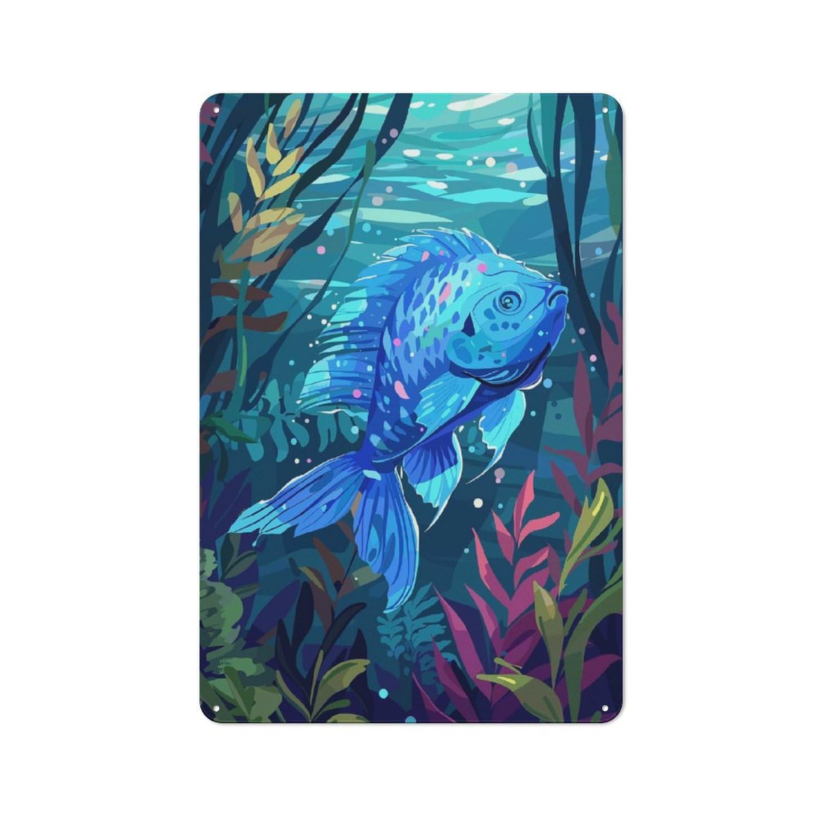 Junmoney Style-19 Blue Fish Underwater Printed Metal Sign 30X20cm For Studio Or Craft Room, A Decorative Gift For A Newly Furnished Studio And Craft Room
