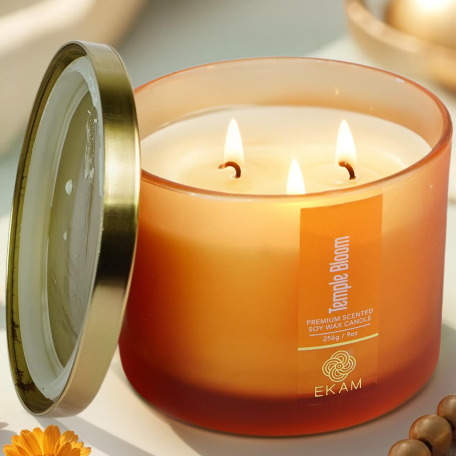 EKAM Scented Candle 3 Wick Soy Wax | Temple Bloom Fragrance Candle | 35 Hr Burn | Long Lasting Premium Aroma Candle for Home Décor, Relaxation, Aromatherapy & Gifting