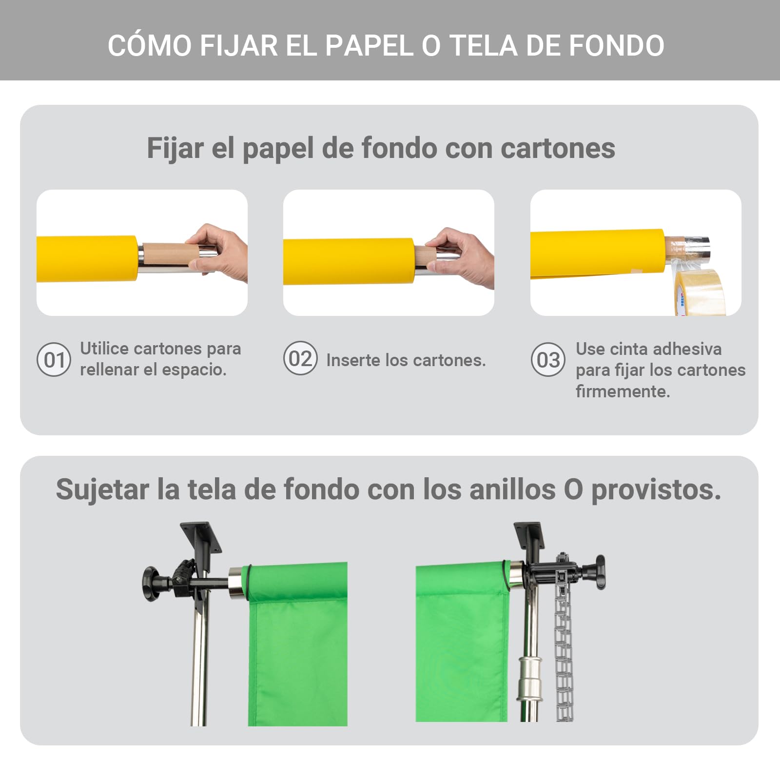 Sistema de Soporte de Rodillo para telón de Fondo de fotografía, 3 Rodillos con Cadenas, Barras transversales de Acero Inoxidable de 304 cm, Soporte de Pared, Soporte de luz, Soporte de