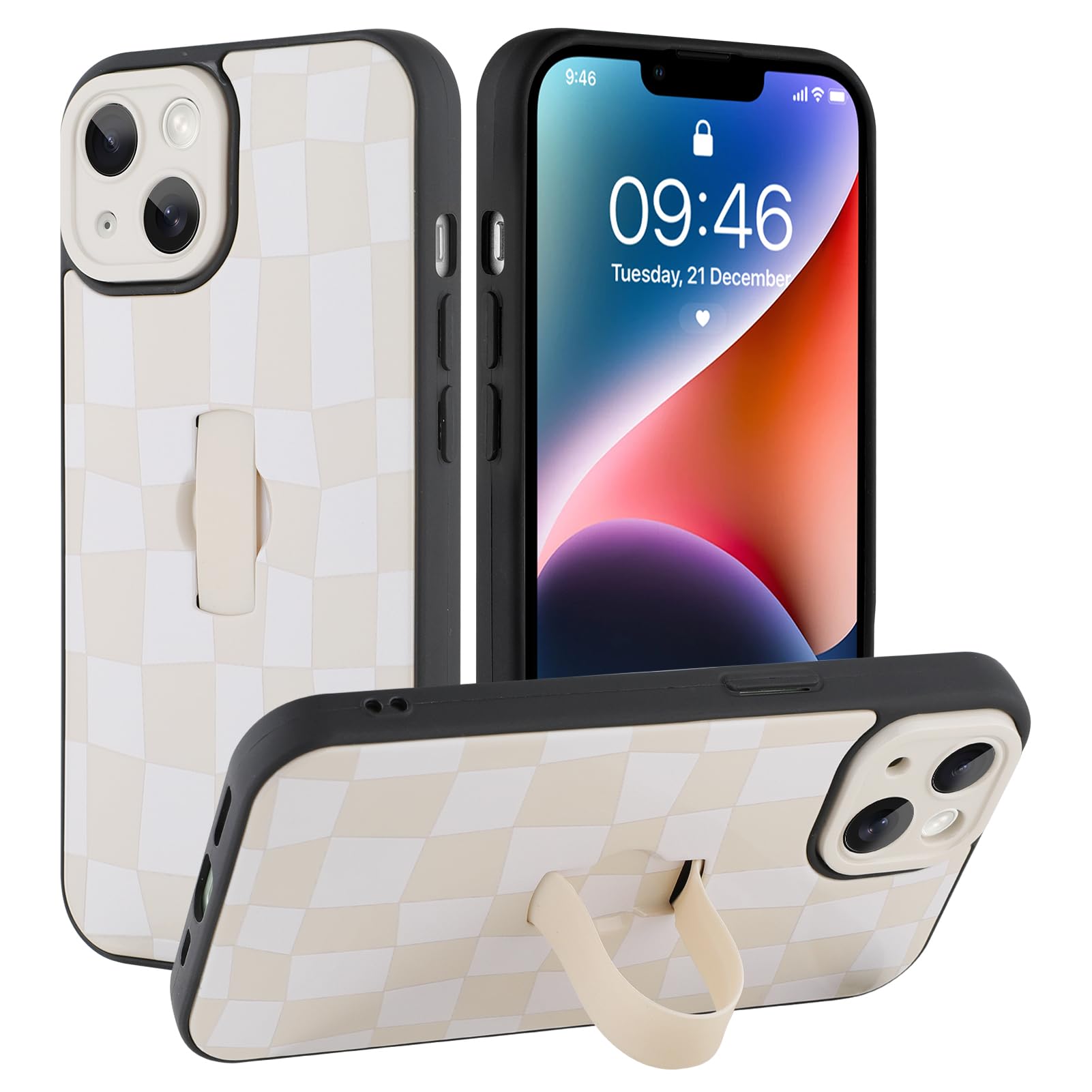 SOKAD for iPhone 14 Case with Finger Strap Kickstand, Cute Checkered Checkerboard Phone Case with Finger Hand for Women Men, Slim Full Camera