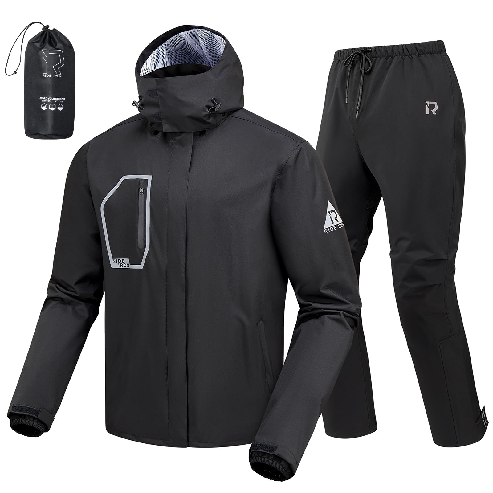 RIDEIRON Motorrad Regenkombi Herren 2-Teiler – Wasserdichte Motorrad Regenbekleidung 15000mm mit Reflektoren, Abnehmbarer Kapuze (DE/NL/SE/PL, Alphanumerisch, XL, Regular, Regular, Schwarz)