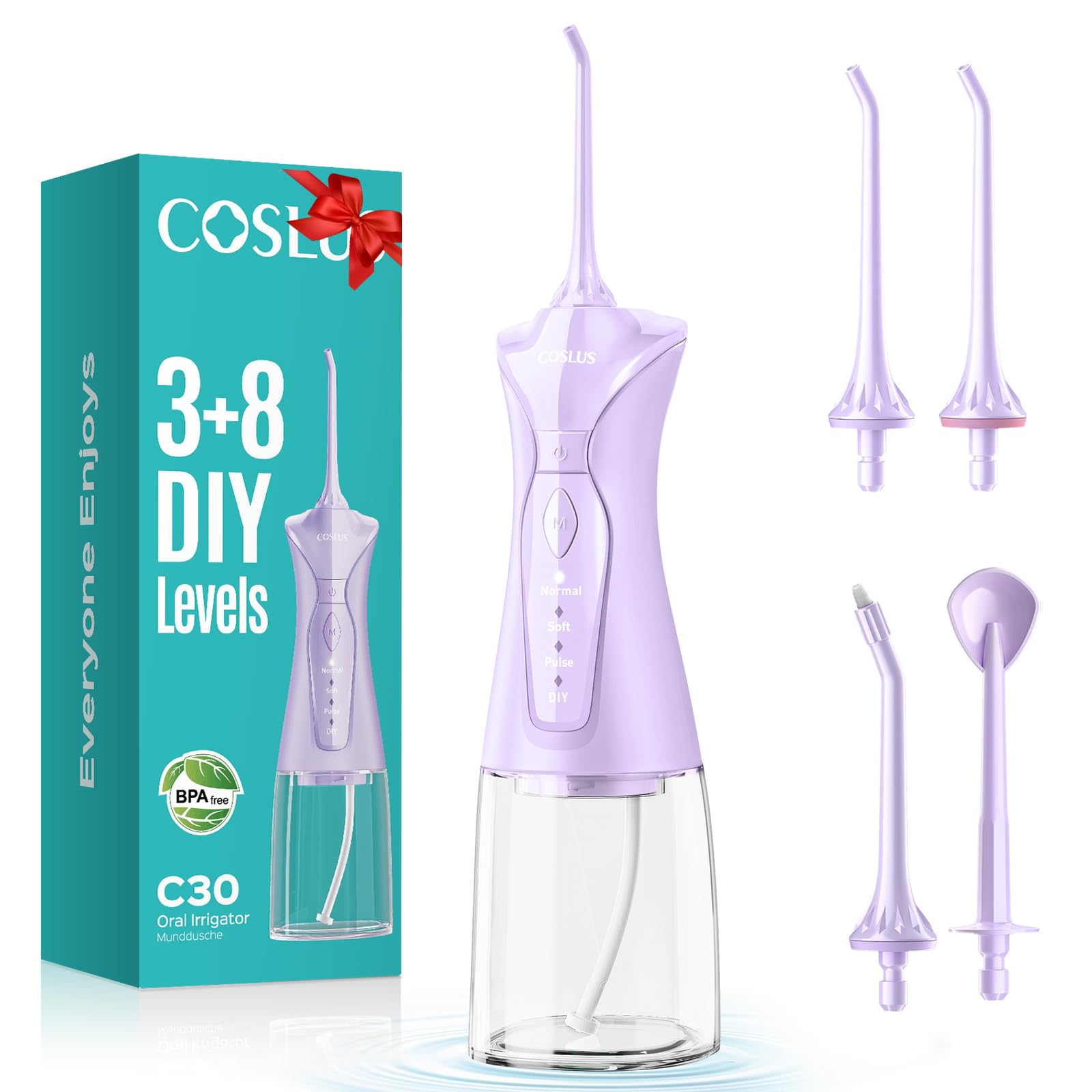 COSLUS Water Dental Flosser Pick for Teeth: 4 Modes Cordless 300ML Larger Tank Portable Water Teeth Cleaner Picks IPX7 Waterproof Flossing Machine for Home Travel Purple C30(FC5360)