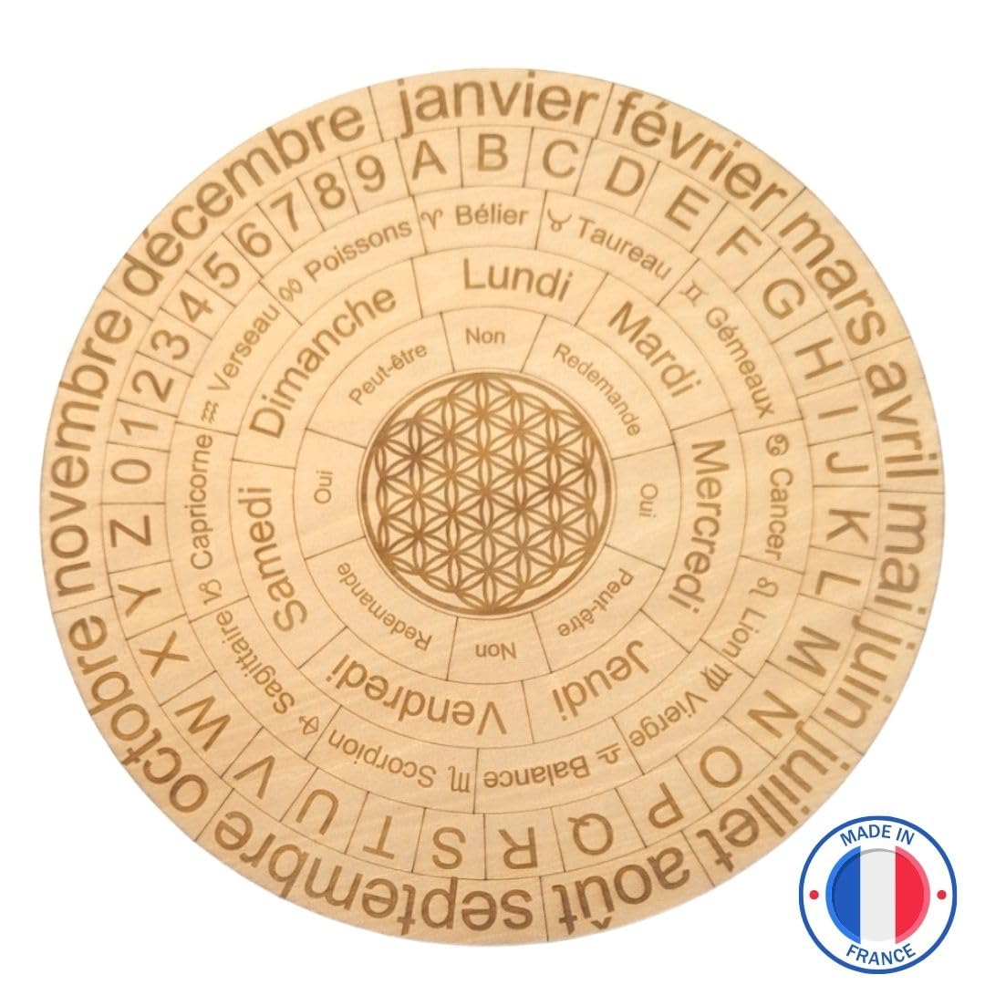 Planche multifonction pour pendule divinatoire 20cm | Idéale pour vos séances de radiesthésie | Écrite en français avec mois, jours, lettres, chiffres, signes astrologiques, OUI/NON, Fleur de Vie