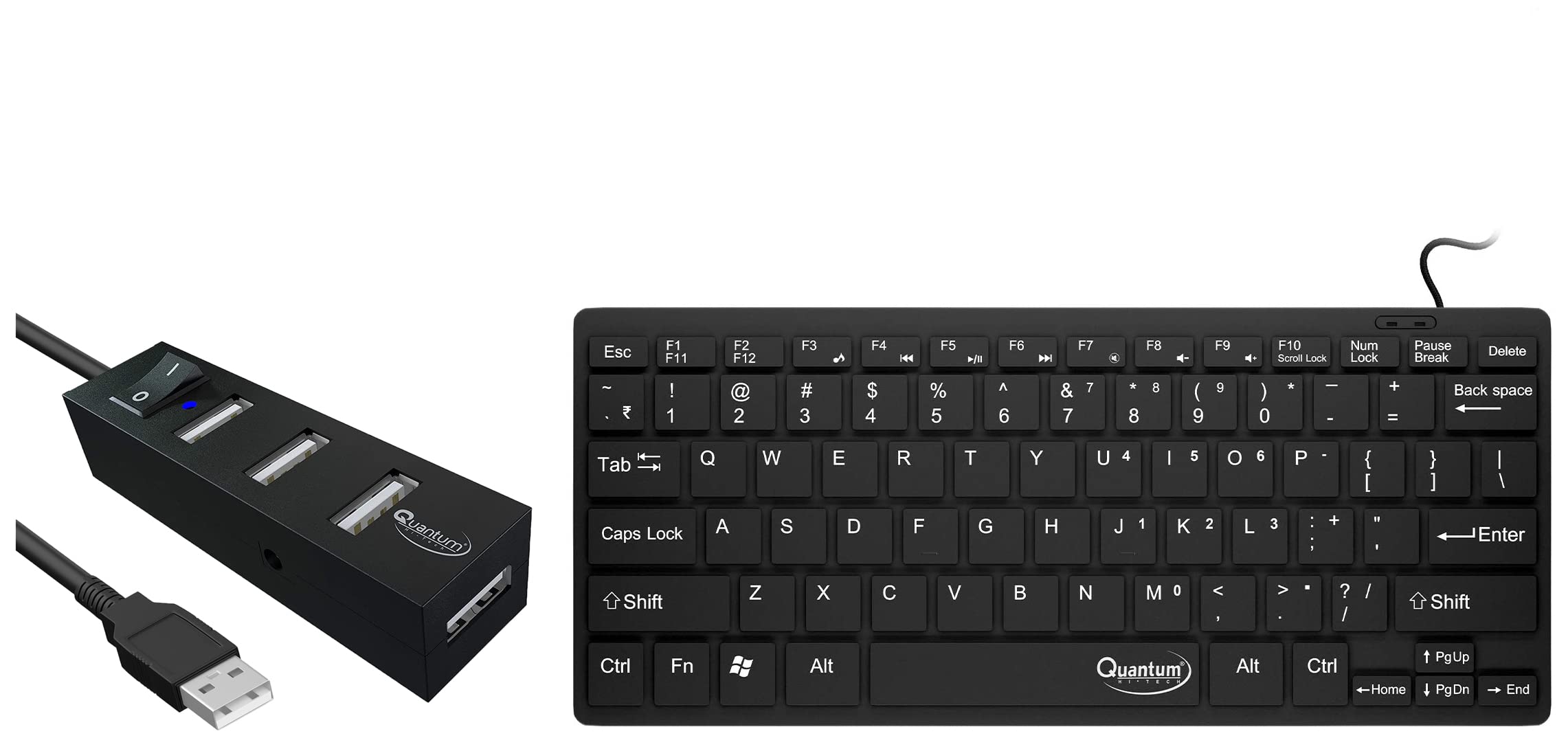 Quantum QHM7307 Mini Spill-Resistant USB Wired Slim Keyboard with Chocolate Keys & QHM6660 4 Port Hi-Speed USB Hub with Power Switch (Multicolor)