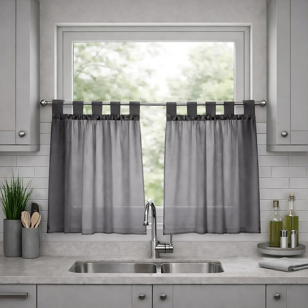 John Aird Lucy Voile Cafe Curtains - Tab Top - Pair Net Curtains - 2 Panels (Grey, W 28" x L 36")