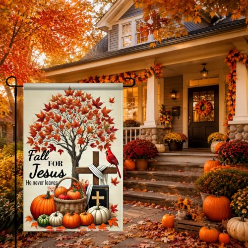 Image of BlissYard Fall for Jesus Garden Flag Christian Cross Pumpkin 12x18 Inch | Double sided polyester, Fall for Jesus cross pumpkin design, cozy Christian decor for Thanksgiving porch and yard
