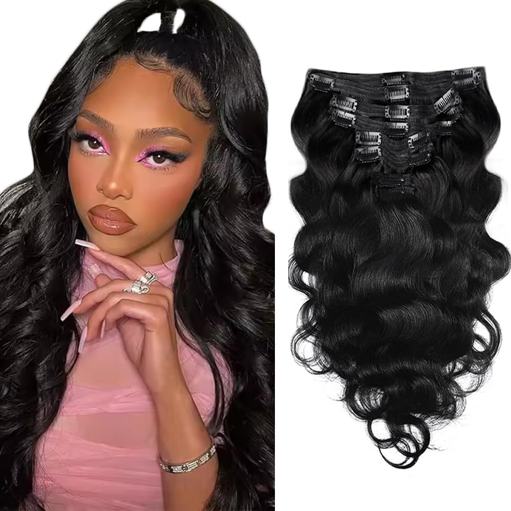 Photo 1 of #1B Natural Black Clip in Extensions Human Hair 26 Inch Natural Color Body Wave Clip in Seamless Extensions Human Hair Skin Weft Seamless Invisible Unprocessed Brazilian Virgin Remy Hair 120g