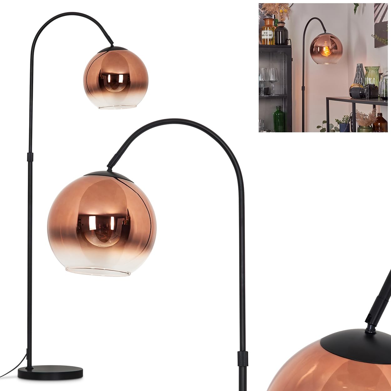 Lampada da terra Koyoto, lampada in metallo/vetro nero/rame/trasparente, design retrò/vintage/industriale con paralume vetro (Ø 25 cm) e interruttore a pedale, altezza 141 cm, 1 x E27, senza lampadina