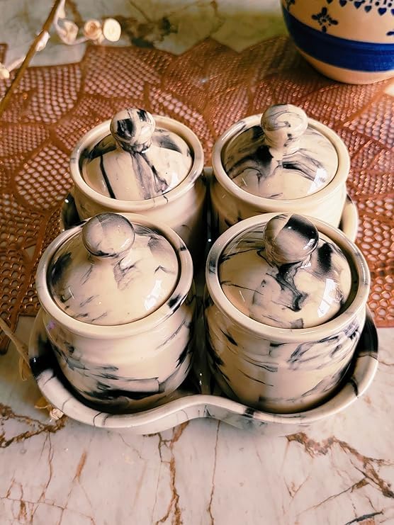Image of Niyara Multipurpose Storage Ceramic Pickle set Jars with Lid & tray (Set of 4, 300 ml) (Classic Marble look)
