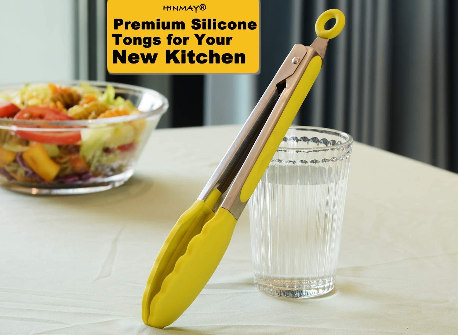 Pinze da cucina per insalata e cibo per servire in silicone per barbecue, con manico in acciaio inox, 25,4 cm (giallo