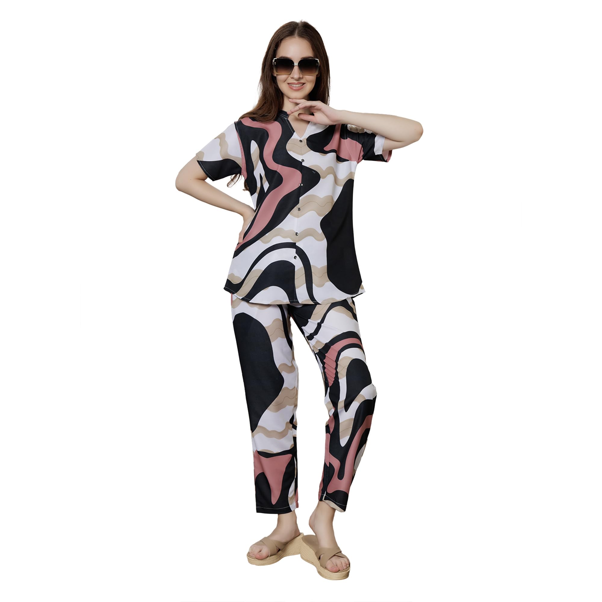 Riza Rayon Fabric Short Sleeves Relaxed Fit Printed T-Shirt and Pyjama Night Suit Set/NS-2159