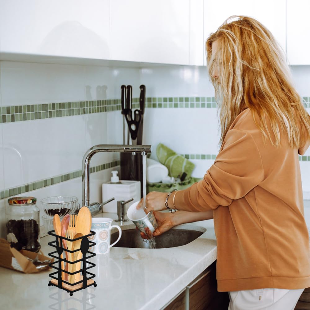 Küchenutensilien Halter Aus Edelstahl & Holz | Quadratischer Ständer Mit Abflusslöchern | Schwarz-Gold | 10x10x16,5 Cm