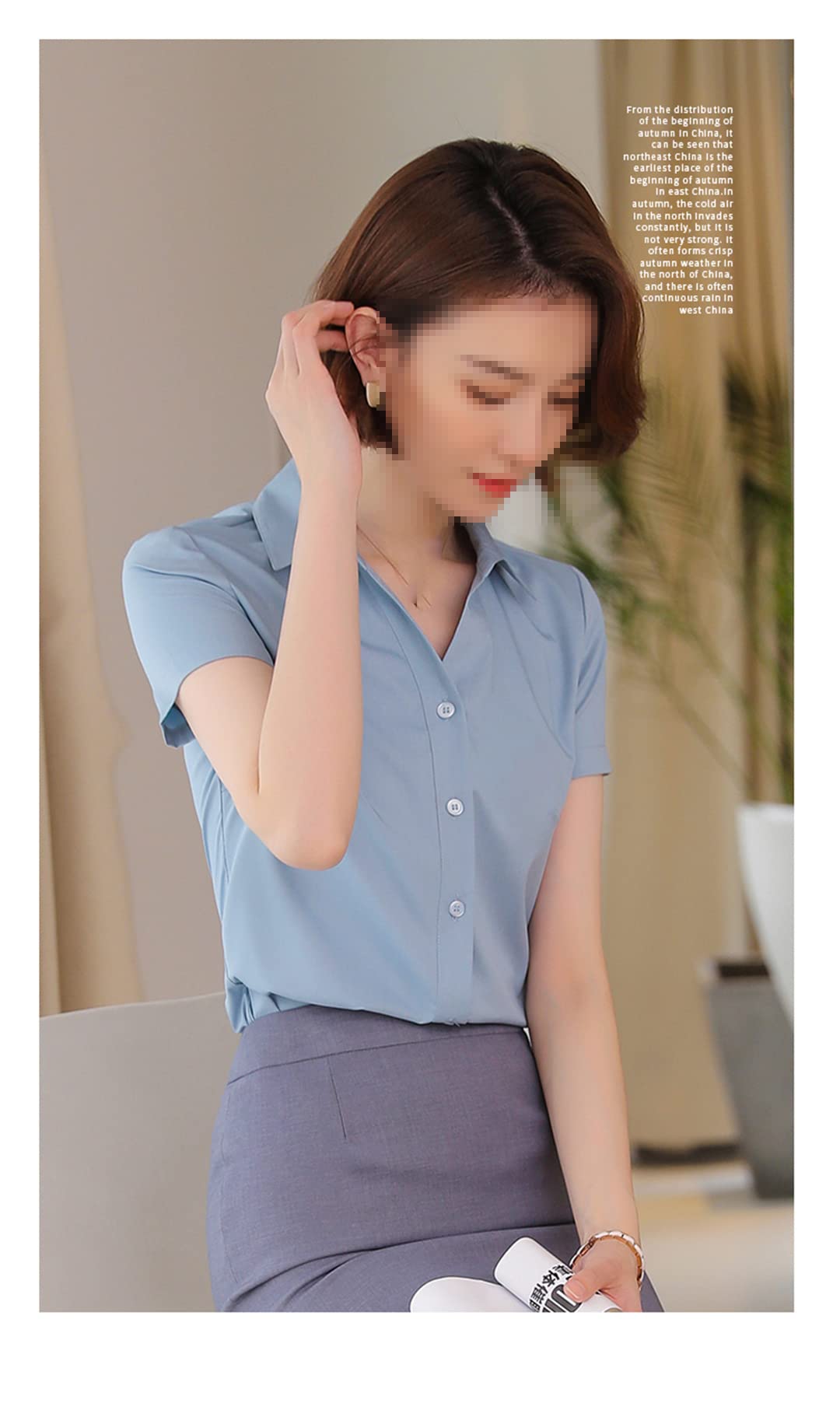 Oficina señoras Trabajo Formal Camisa Mujer Manga Corta Verano Cuello en V Slim Negocios Formal Gasa Blusas Blue XL