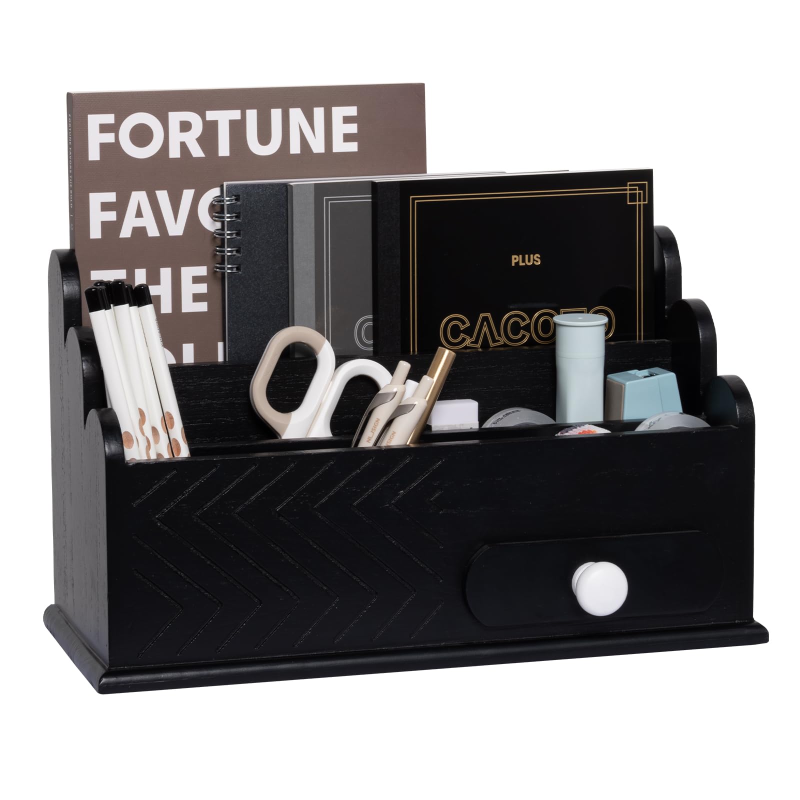 EMAISON Modern Mail Organizer with Drawer, Wood Desk Organization for Countertop, Farmhouse Home Office Essentials for Letter, Paper, Bill, Pen, etc. Black