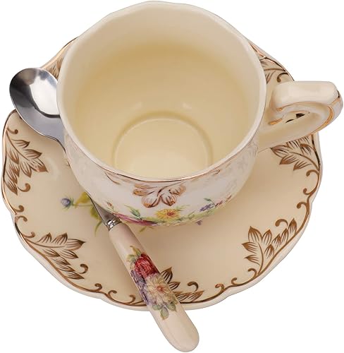 Miniatura 5 de Foraineam Juego de 2 tazas de té y platillo, 8 oz. Arbustos florecientes de cerámica marfil Taza de té de porcelana floral elegante juego de taza de