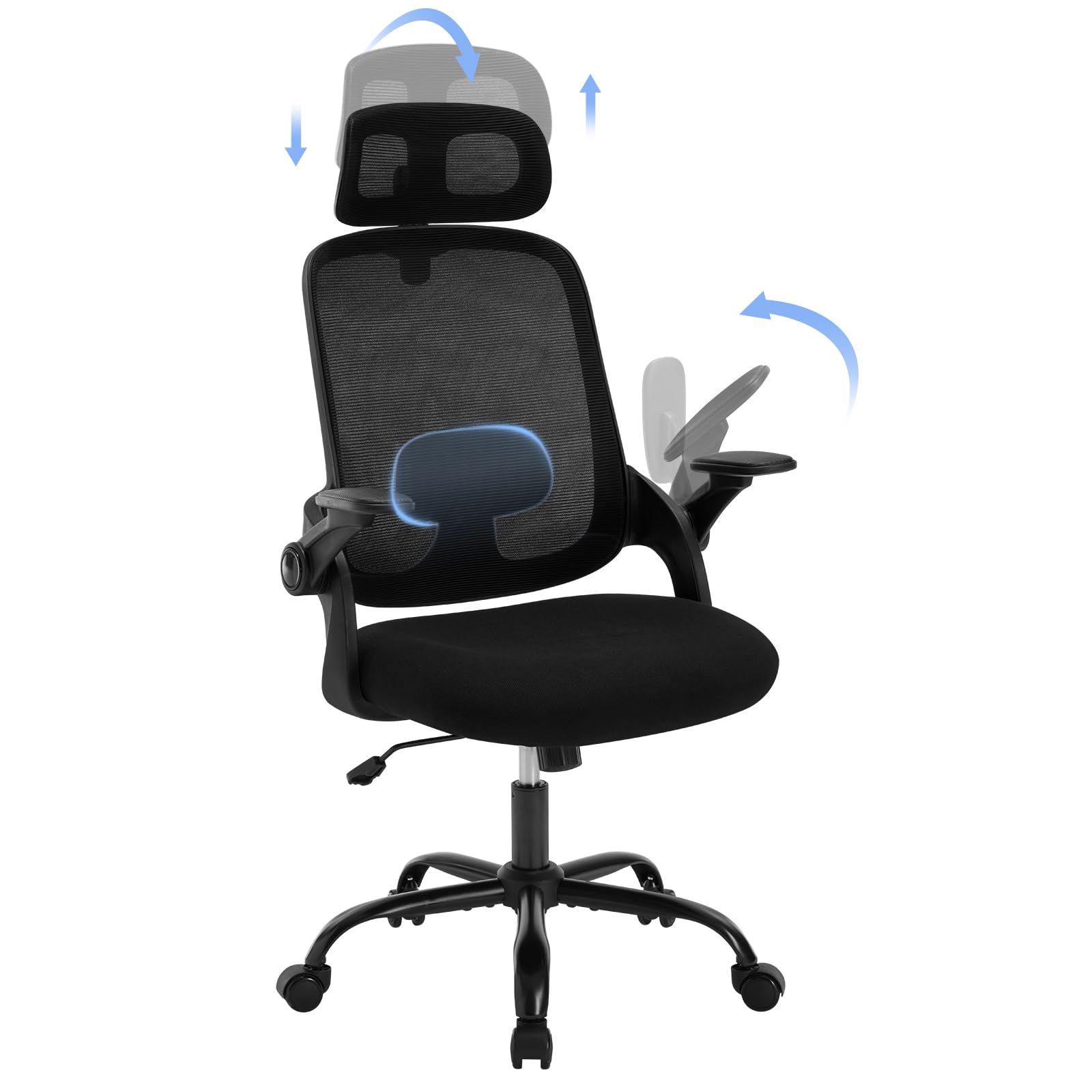 WOLTU Silla Oficina Ergonómica, Silla Escritorio con Respaldo Reclinable, Soporte Lumbar y Reposabrazos Ajustables, Silla Trabajo Giratoria en Malla Transpirable, Negro, BS171sz